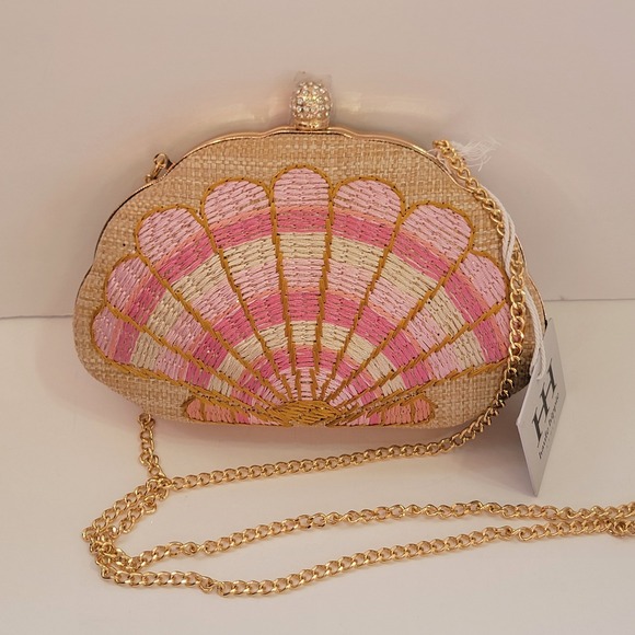 Haute Hippie Handbags - Haute Hippie Style Pink Seashell Embroidered Straw Clutch Crossbody Bag New